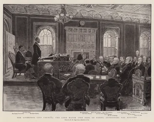 The Liverpool City Council, the Lord Mayor (the Earl of Derby) addressing the Meeting